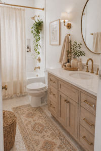boho earthy bathroom with wood vanity, neutral decor and plants