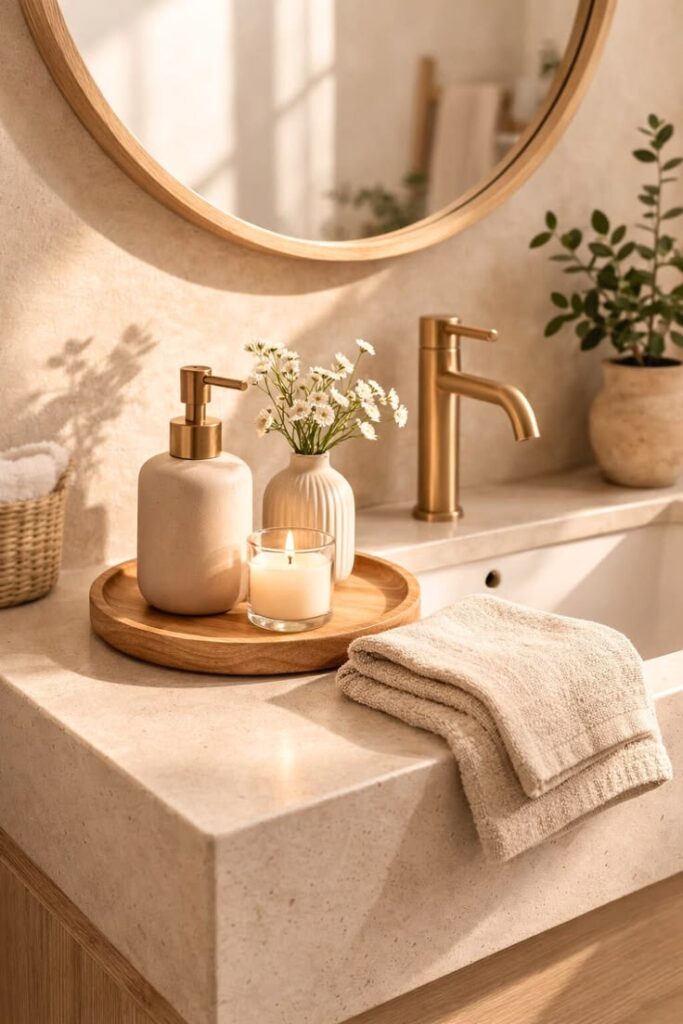 wood tray in bathroom holding a soap dispenser