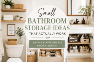 small bathroom storage ideas featuring floating shelves, woven baskets, and organized under sink storage