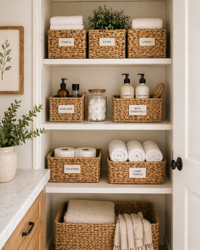 woven basket storage for bathroom