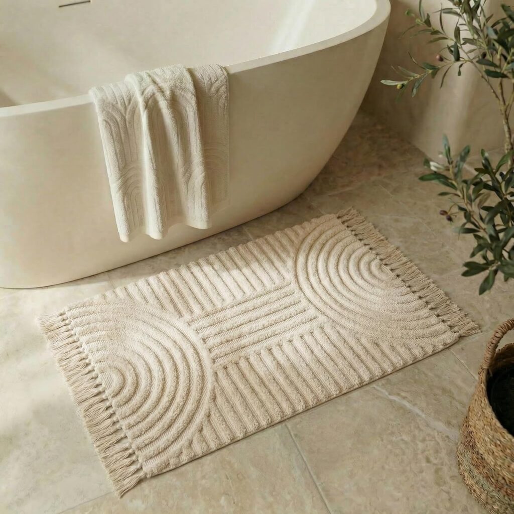 boho beige bath rug with tassels