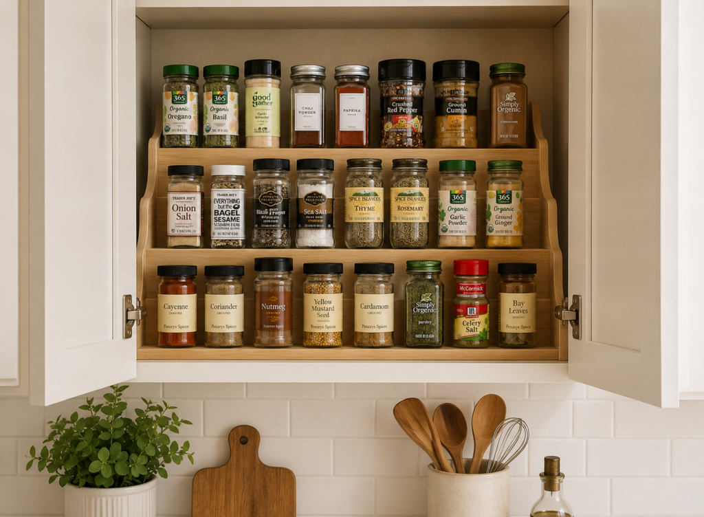 3 tiered bamboo wood shelf holding spices