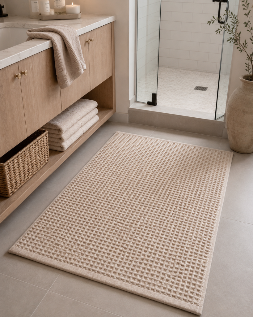 beige waffle bath rug with basket storage on shelf