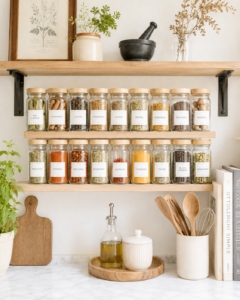 aesthetic bright kitchen with labeled spices ona wood shelf