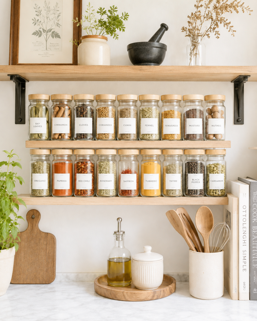 aesthetic bright kitchen with labeled spices ona wood shelf
