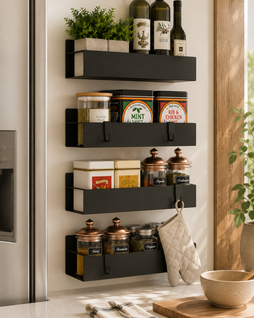 aesthetic black magnetic spice rack mounted on fridge