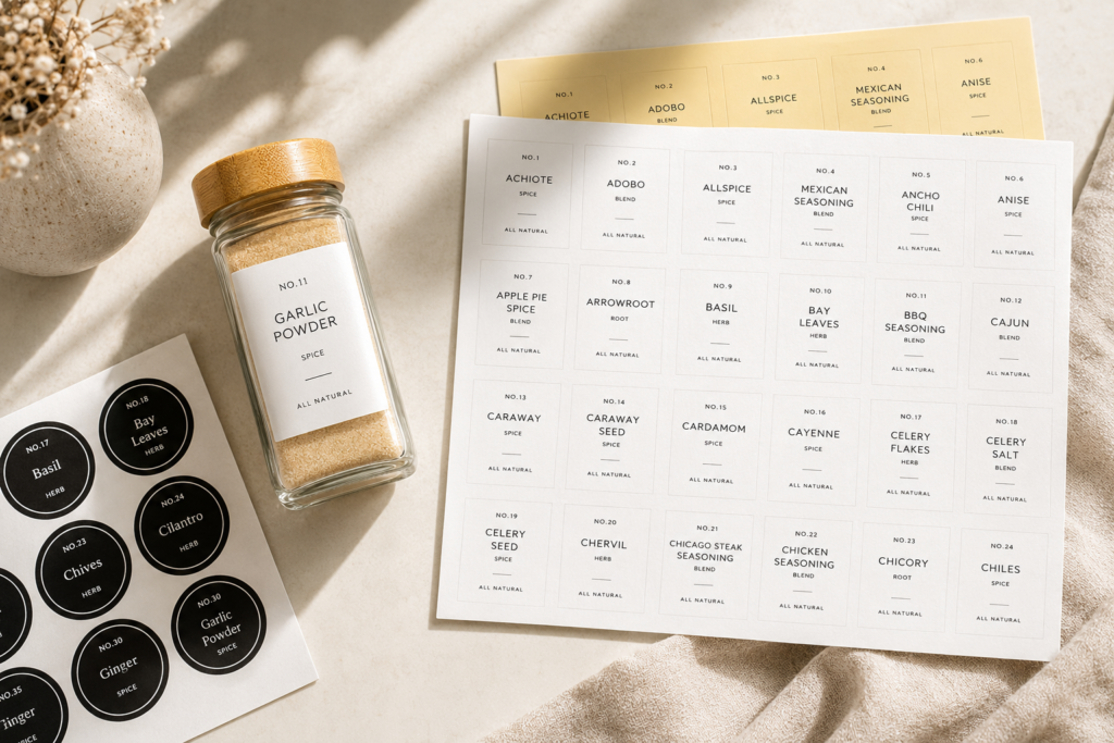 aesthetic kitchen spice labels on white paper