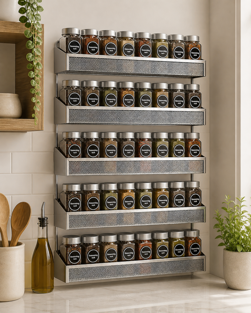metal wall mounted spice rack holding spices