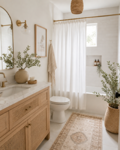white shower curtain in aesthetic bathroom