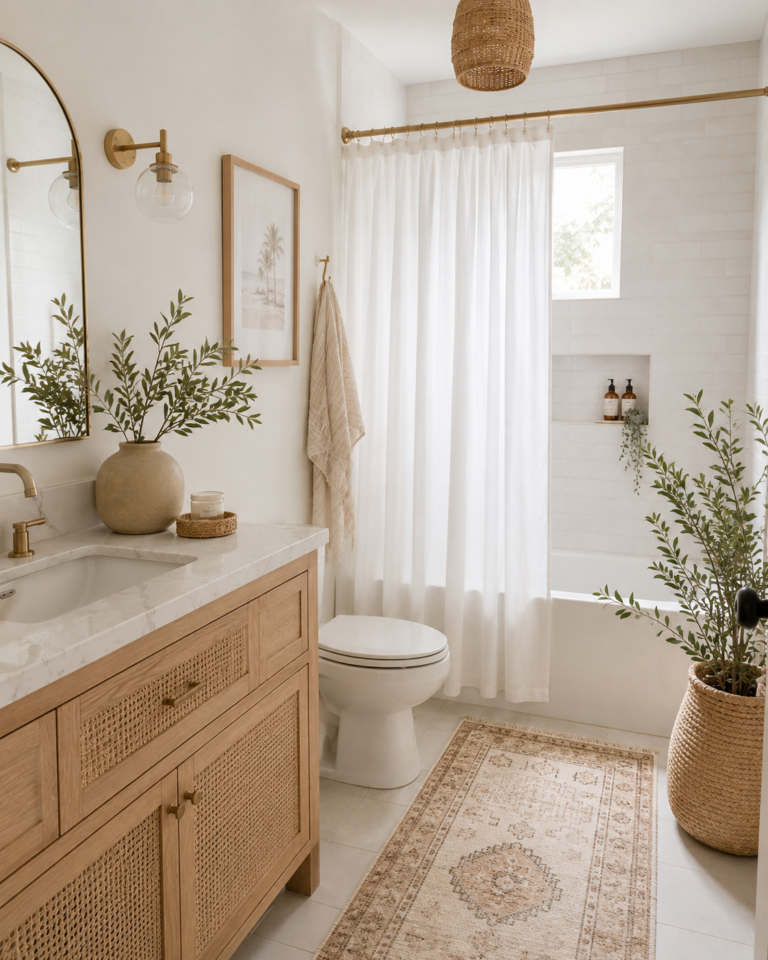 white shower curtain in aesthetic bathroom
