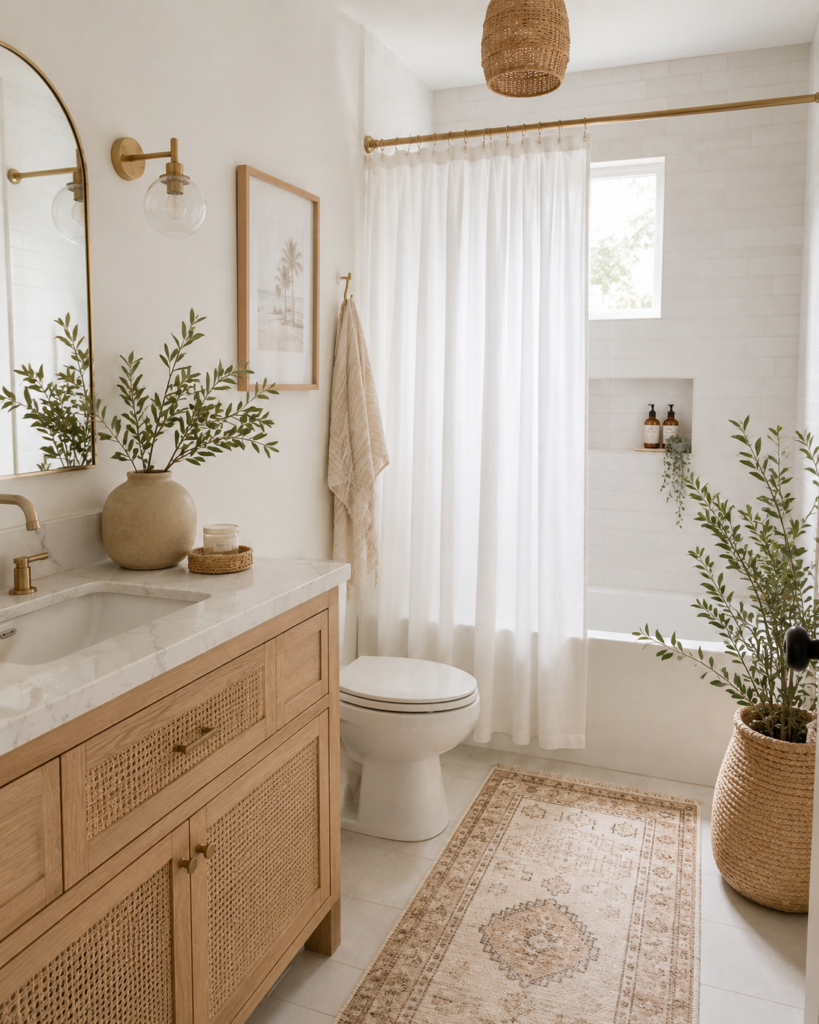 white shower curtain in aesthetic bathroom