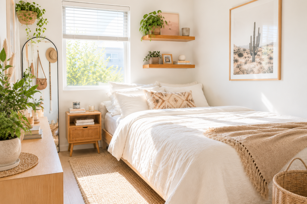a light and airy bedroom with rattan nightstand and white bedding