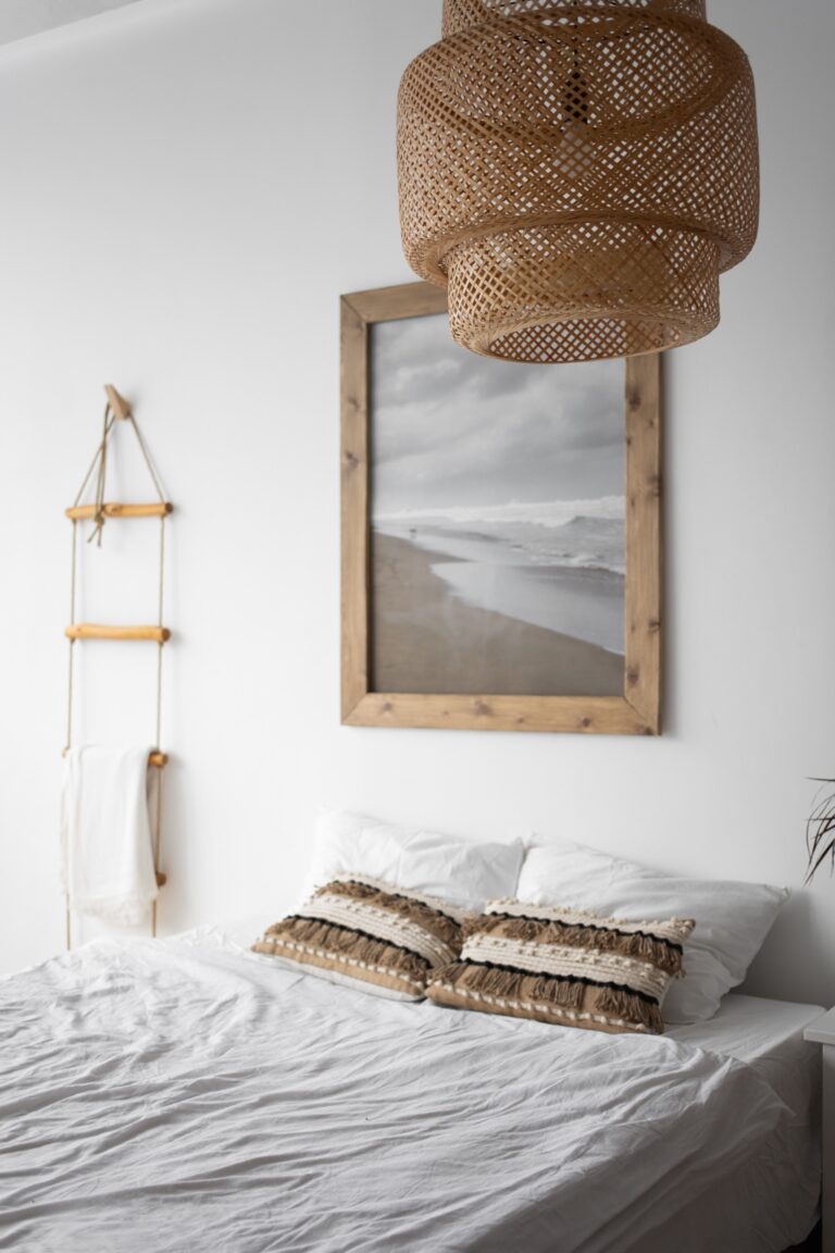 rattan overhead light in bedroom