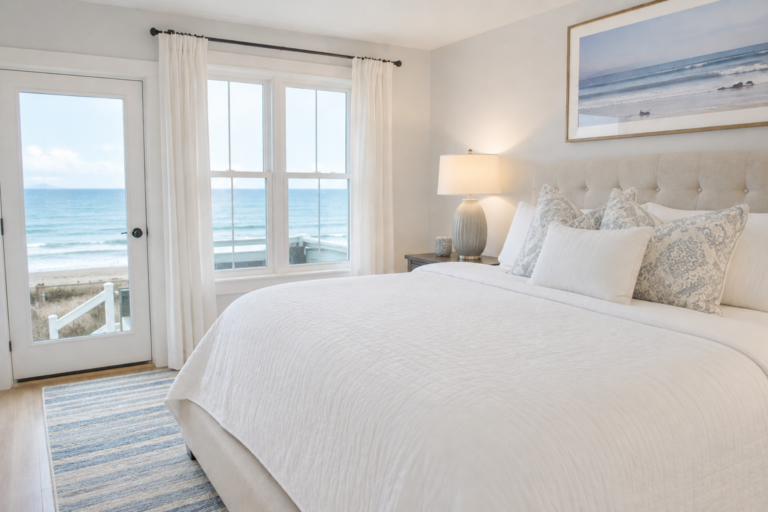 light bright coastal bedroom with soft linen lamp