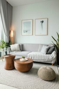 Bright neutral open-concept living room and kitchen with modern decor, warm wood floors, white walls, and minimalist furniture in a light airy home interior.