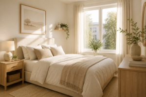 open light bedroom with sunshine coming through
