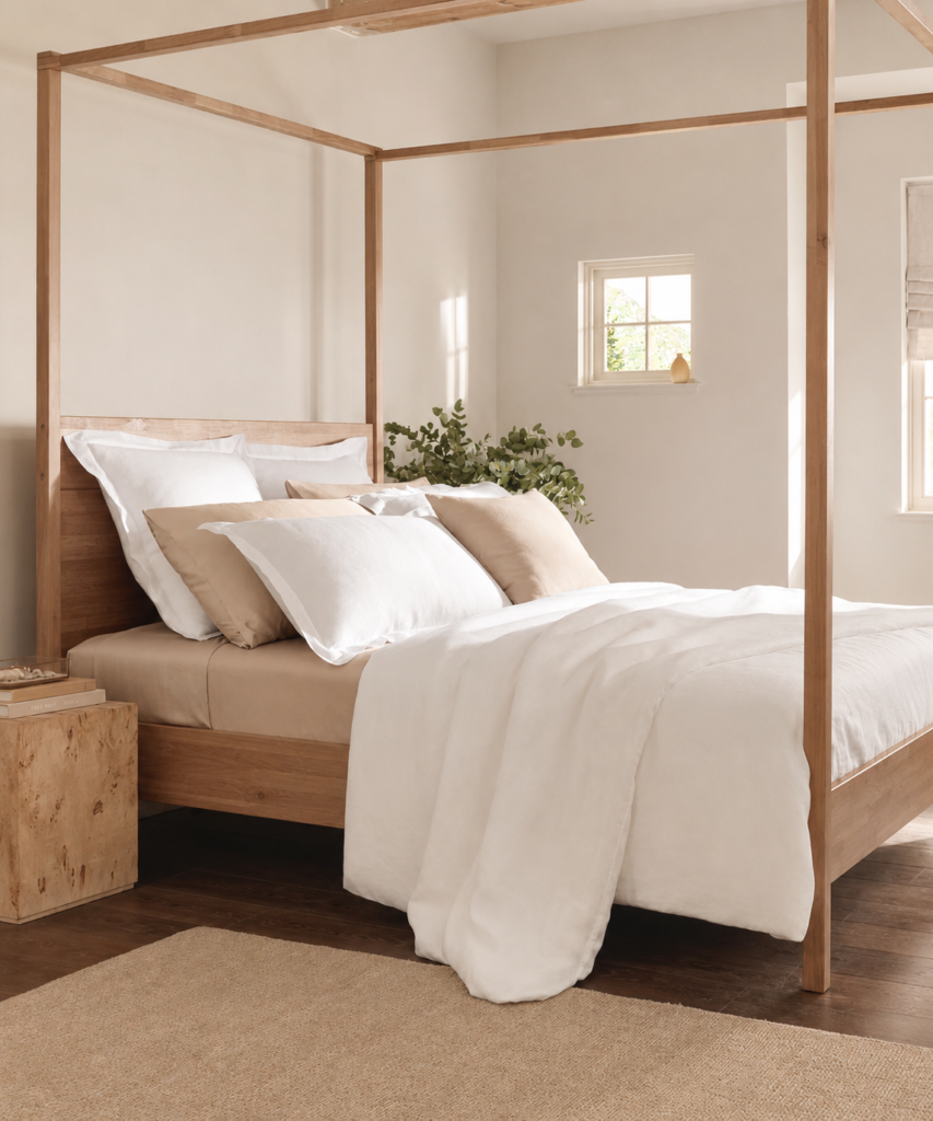 cozy earth organic bedding with wood beams on bed