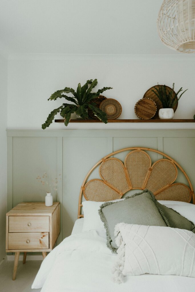 flower wood headboard in light bedroom