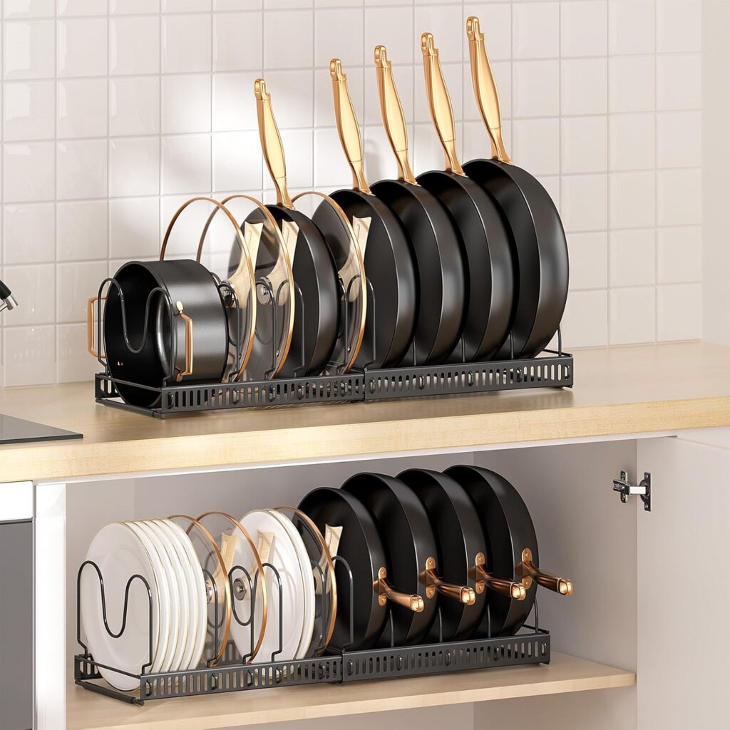 pot and pan holder on shelf