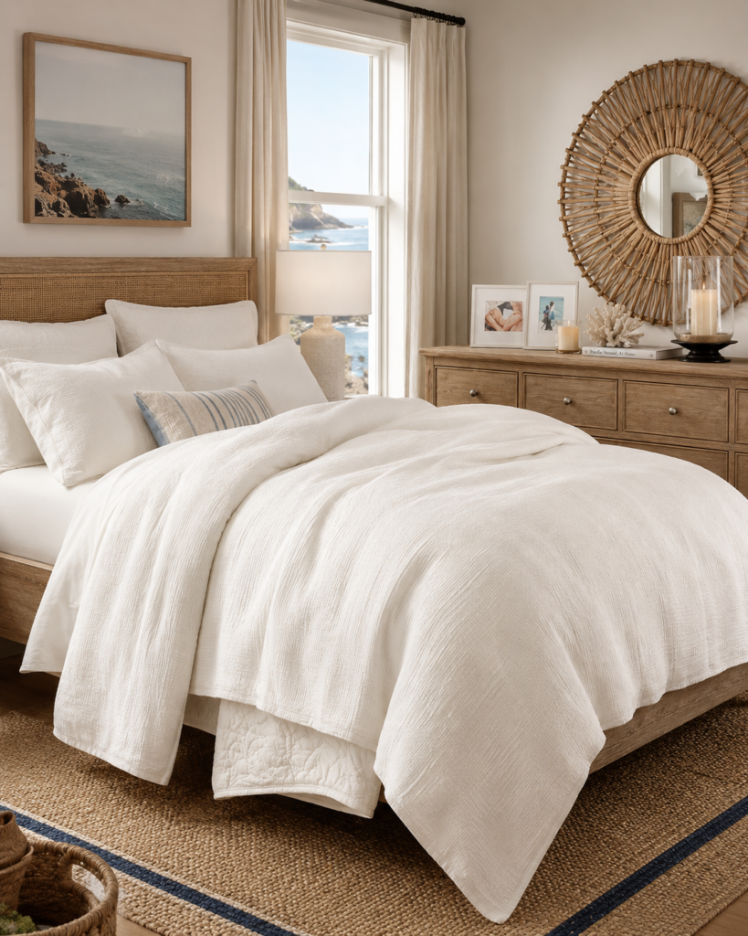 coastal bedroom with organic white bedding from pottery barn
