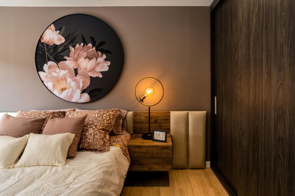 cozy bedroom lighting in warm bedroom