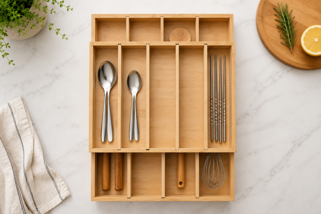 Bamboo 2 tier drawer organizer for utensils