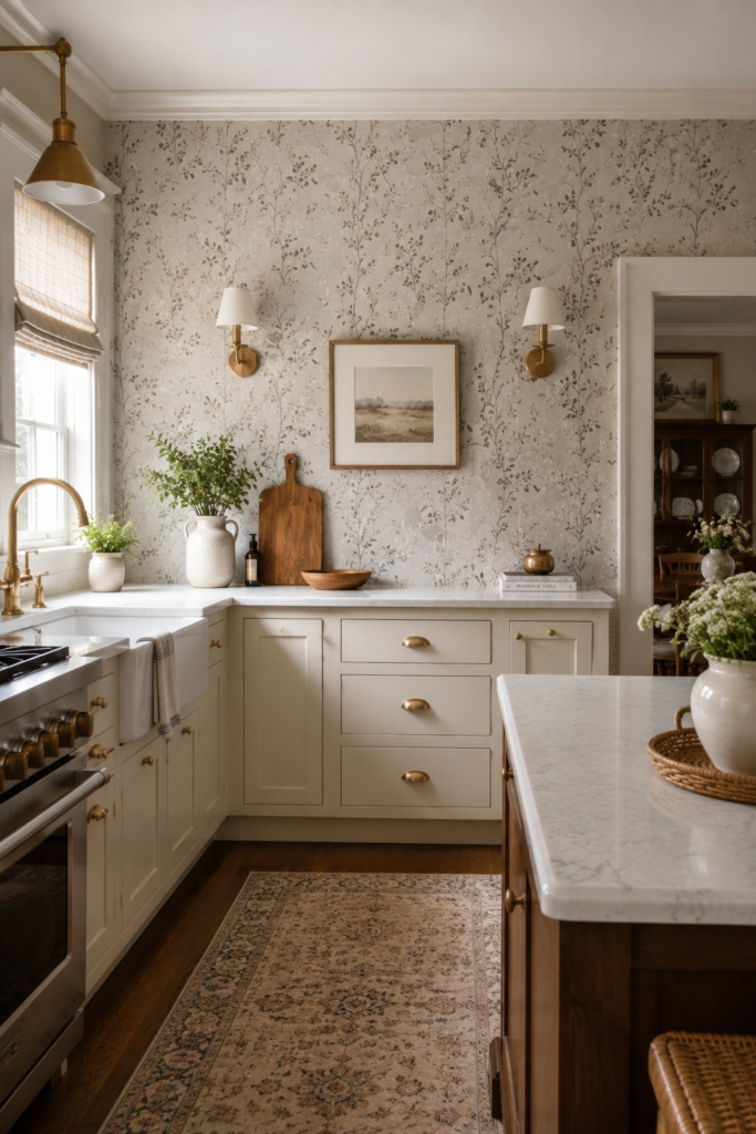 kitchen wallpaper ideas in a modern kitchen with accent wallpaper