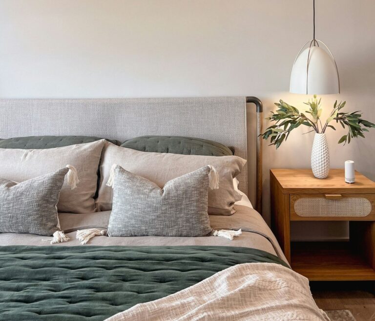 neutral amazon bedroom essentials with a hanging lamp and white vase
