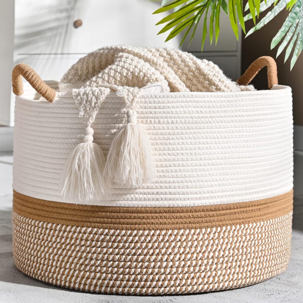 white and tan large basket or hamper