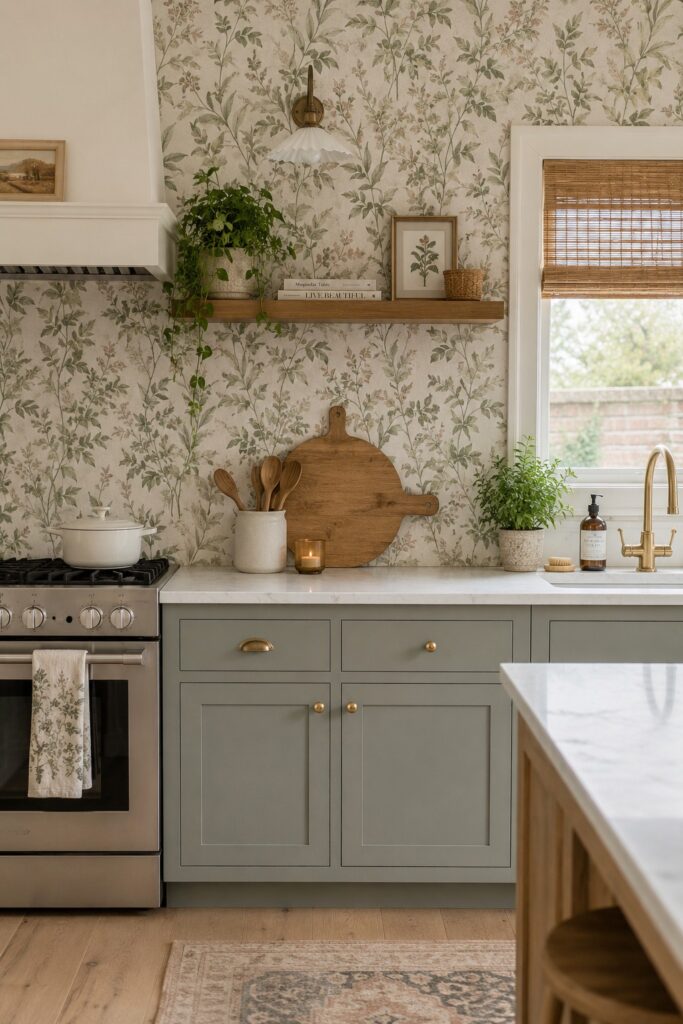botanical wallpaper in a modern kitchen with blue cabinets and white countertops