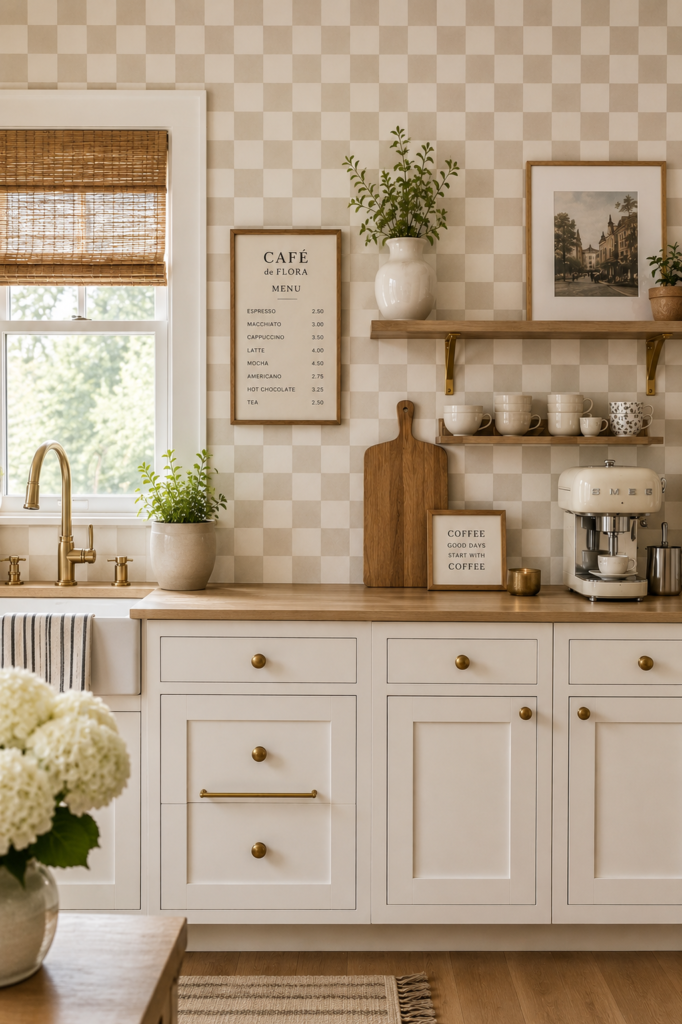checkered wallpaper in a chic kitchen with white cabinets and butcher block countertops