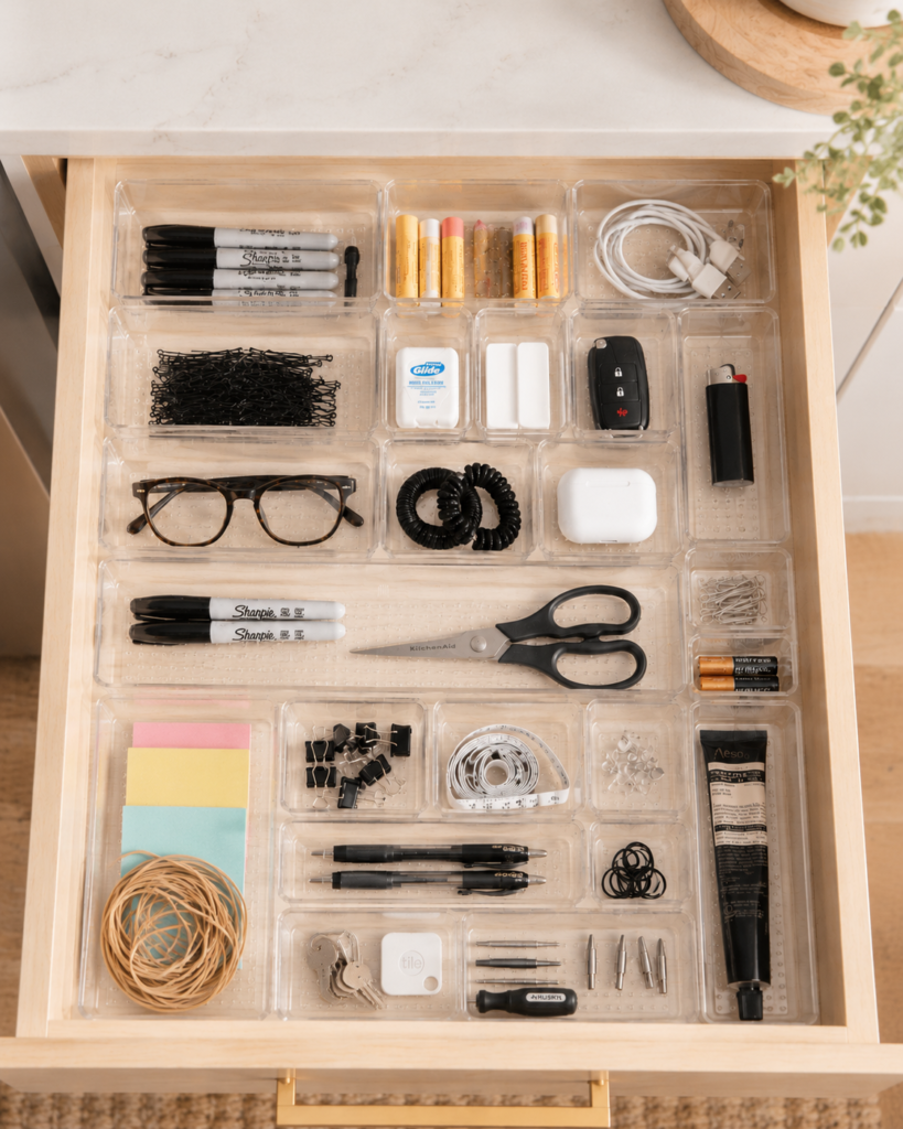 clear bins in kitchen junk drawer holding everyday household items