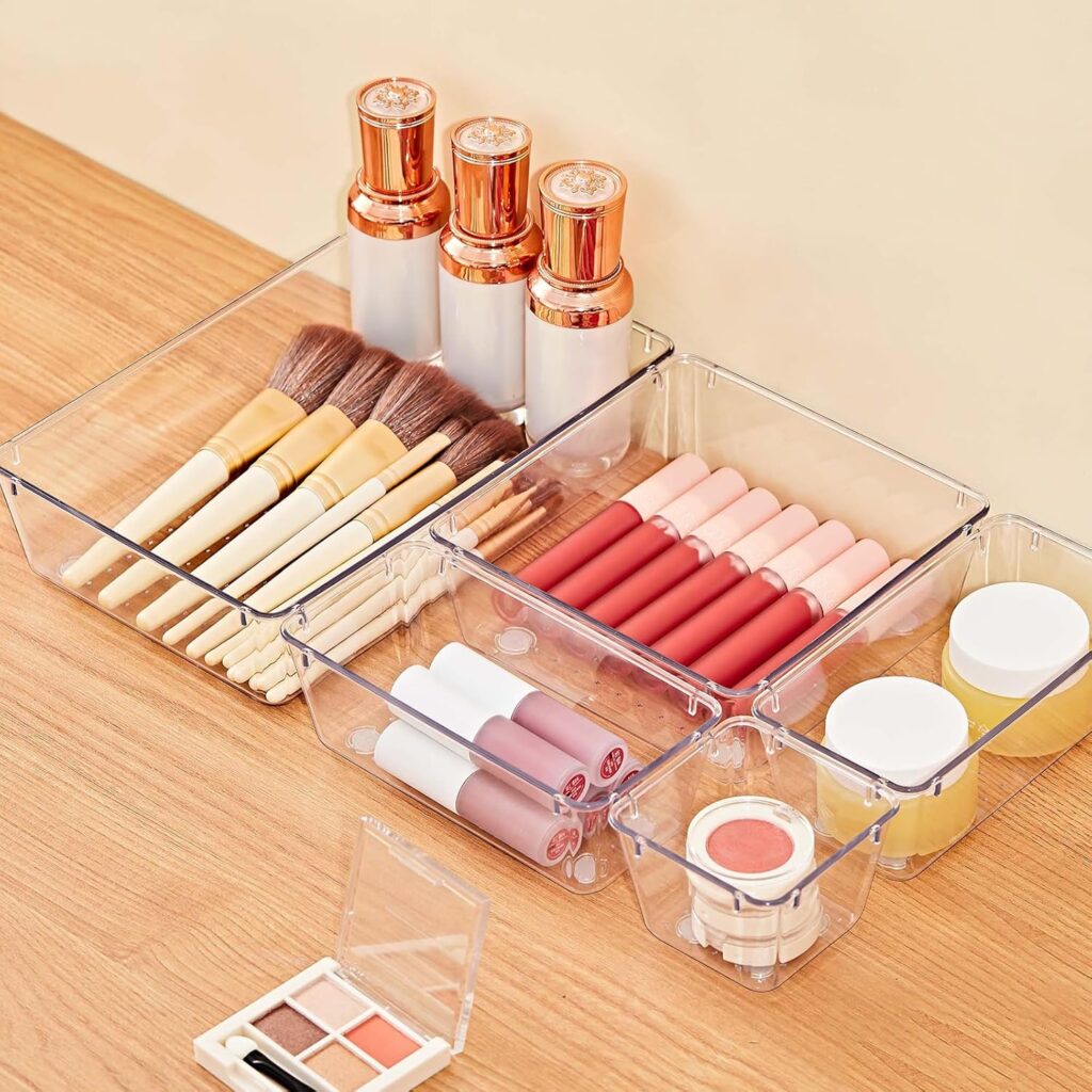 makeup contained in clear drawer organizers
