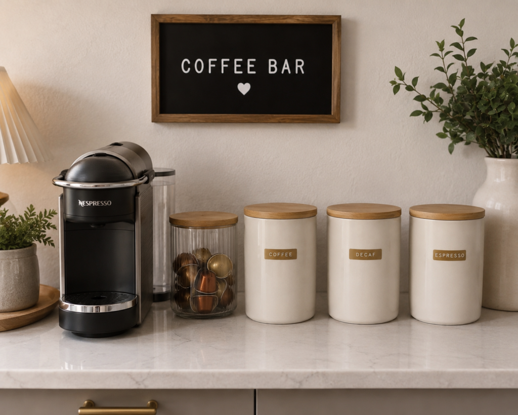 coffee bar ideas for kitchen counter with matching canisters and a nespresso