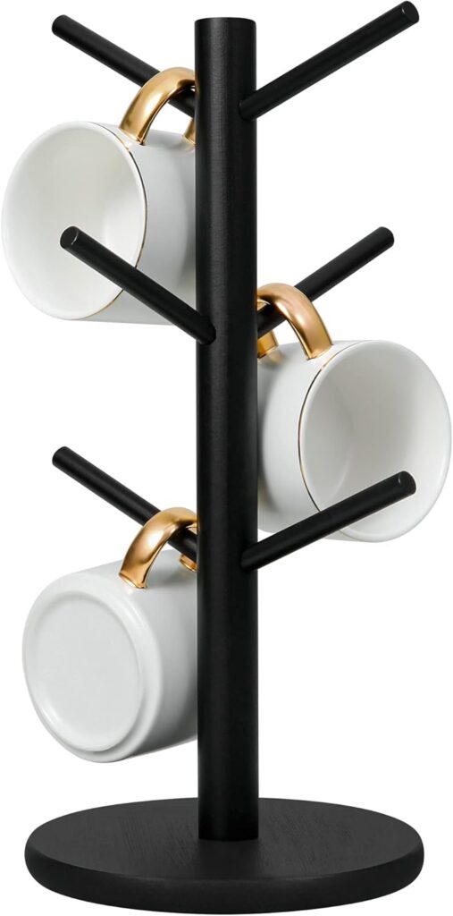 black coffee mug tree holding coffee mugs