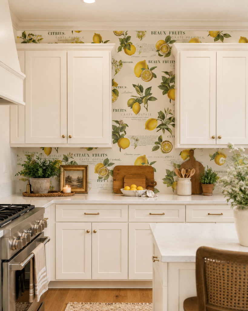 lemon wallpaper in modern kitchen with white cabinets
