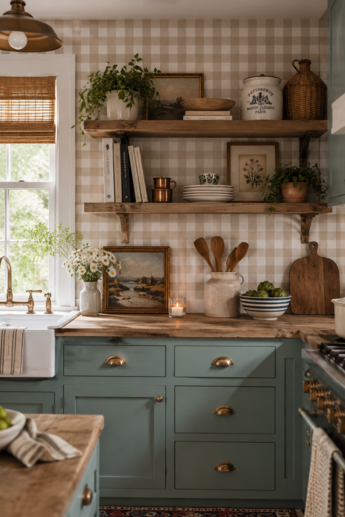 gingham wallpaper with teal cabinets and butcherblock countertops