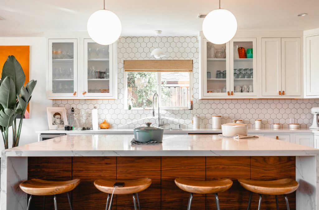 bright modern kitchen with hanging lights
