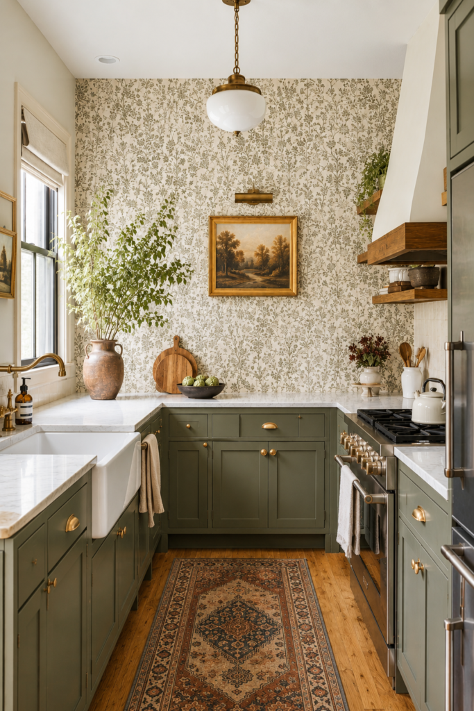 vintage runner rug in a modern vintage kitchen with green cabinets