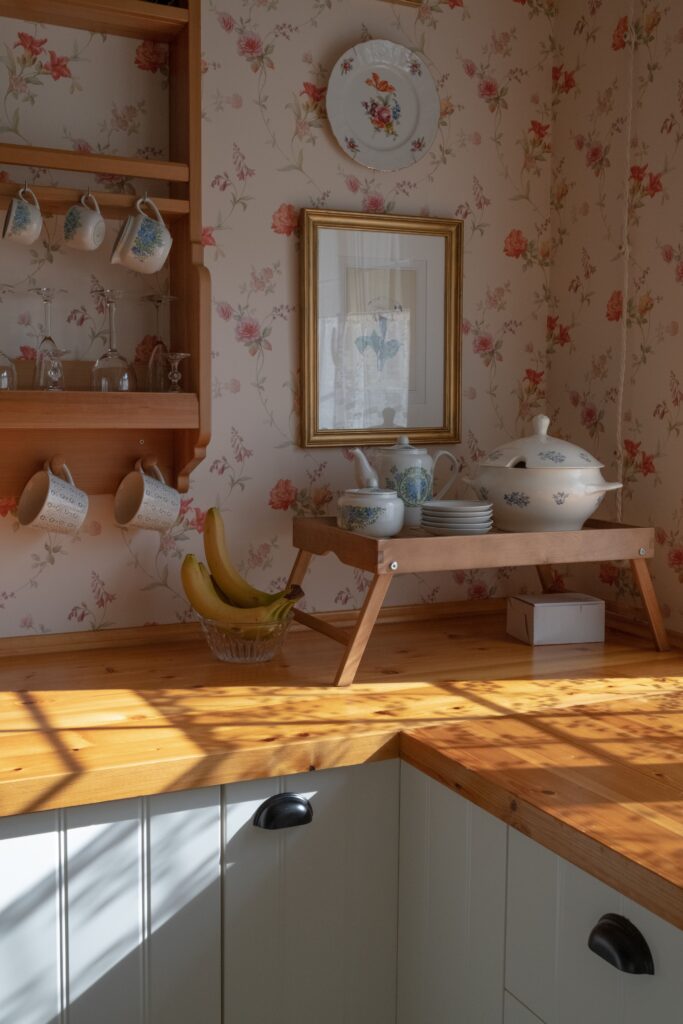 pink vintage floral wallpaper with butcherblock countertops