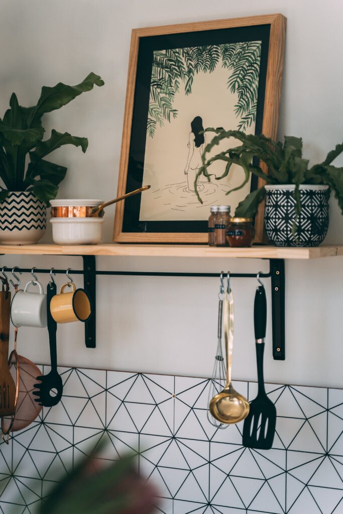black and white geometry wallpaper in kitchen