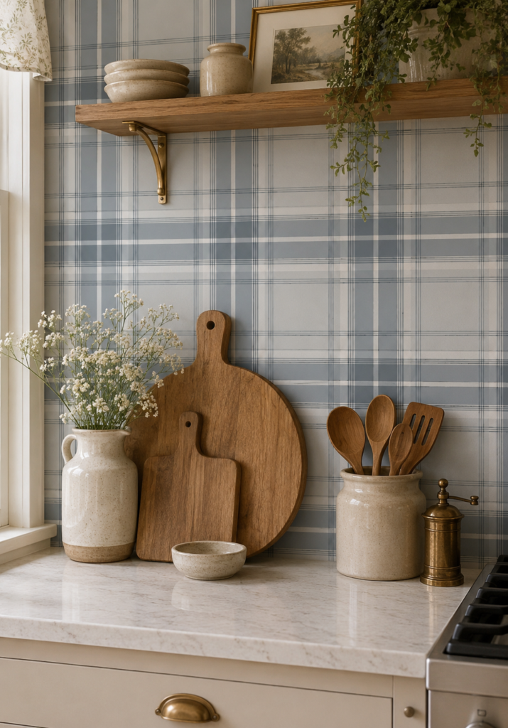 light blue striped wallpaper in a modern kitchen. cutting boards and a flower on countertop