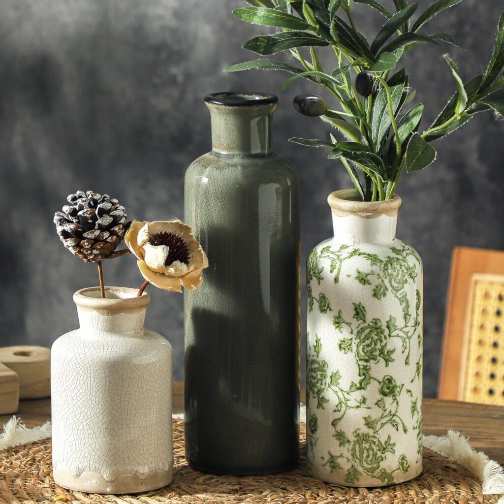 green and beige vintage flower vases