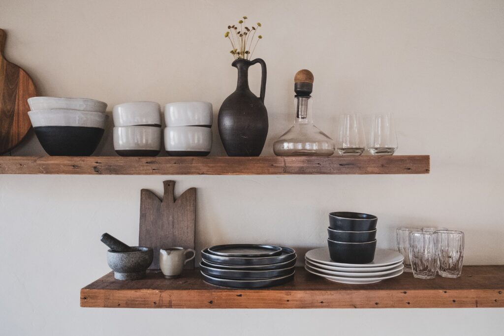 vintage kitchen decor open shelves with dishes