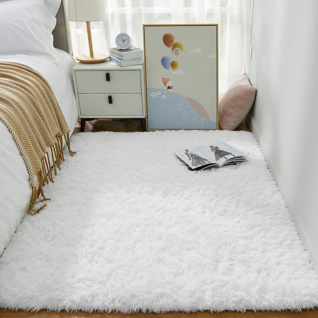 white shaggy fluffy rug for bedroom