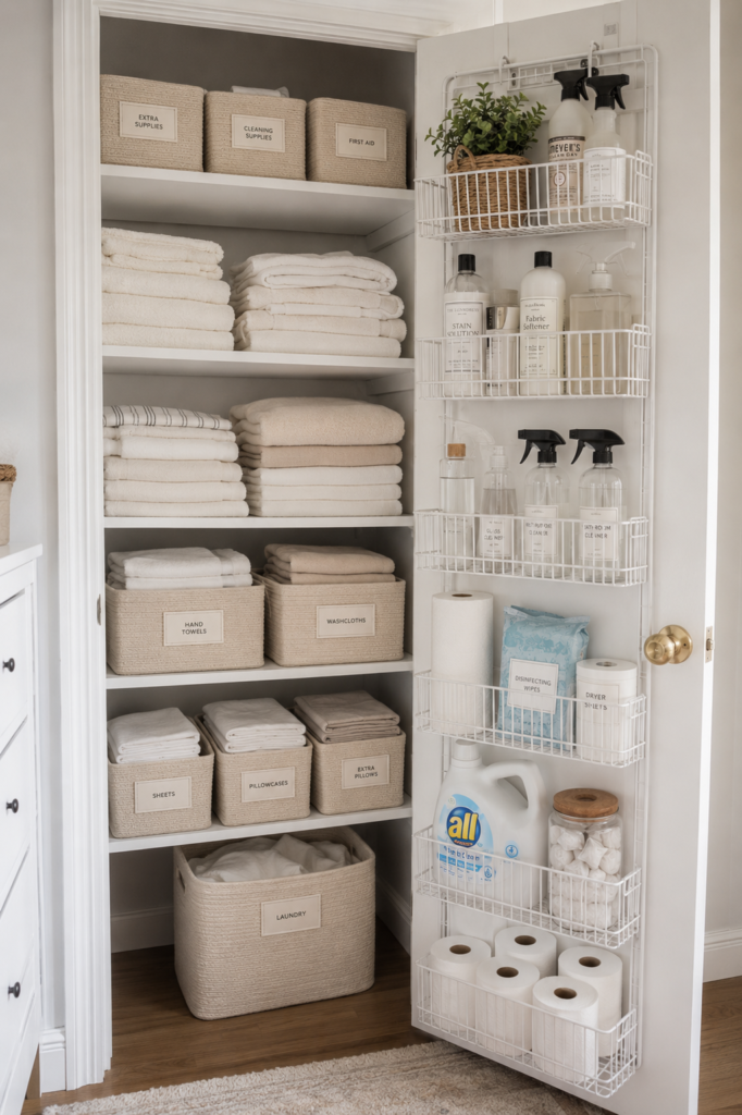 linen closet organization ideas by using an over the door organizer with folded linen neatly stacked on shelfs