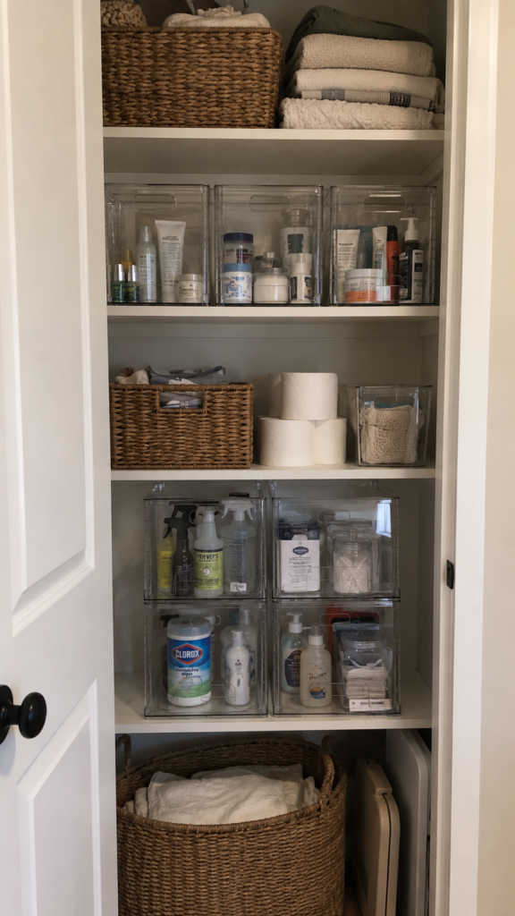 clear bins for linen closet organization ideas storing items