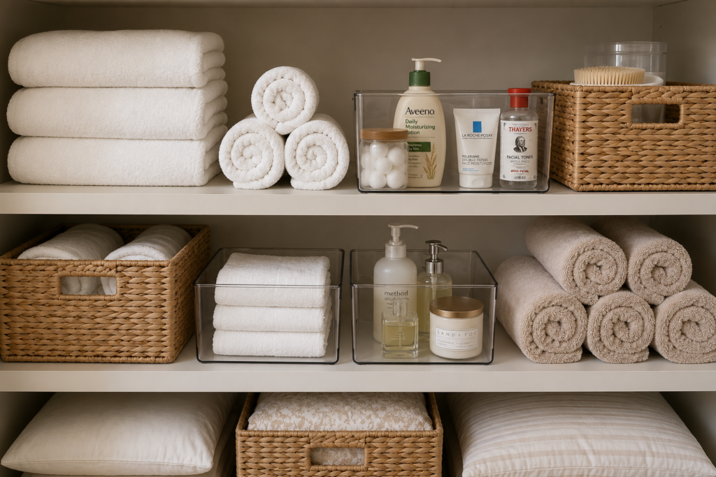 Linen Closet Organization Ideas with clear bins and wicker baskets holding bath items with towels rolled up on the shelf