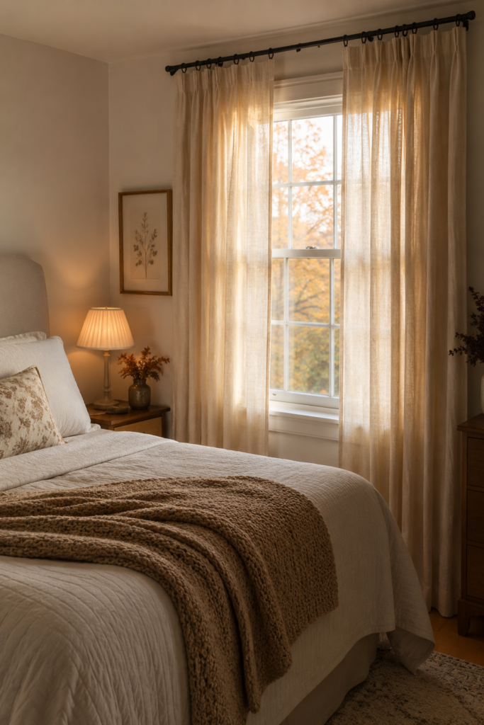 cozy curtains in a light bedroom that has fall bedroom decor