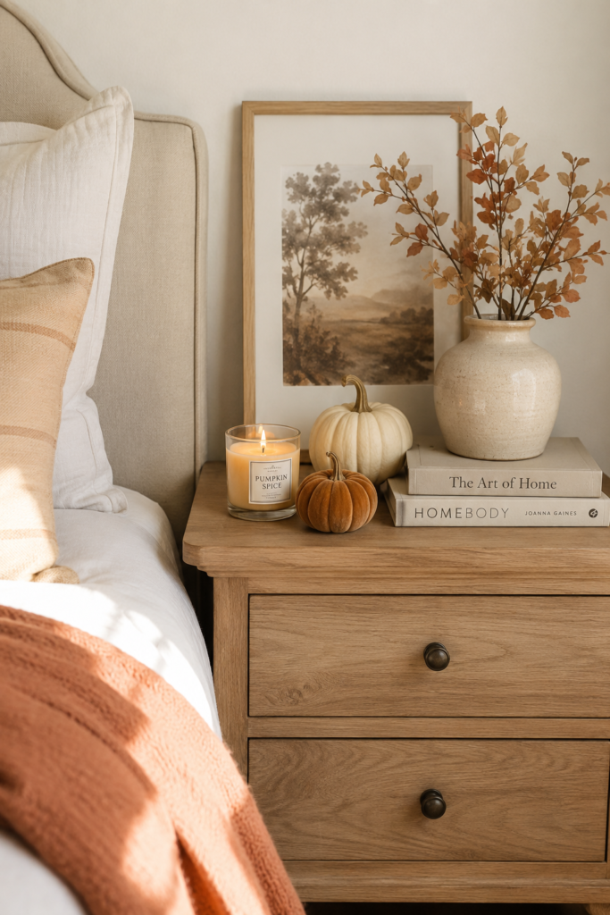 fall bedroom decor nightstand with seasonal decor items and fall bedding
